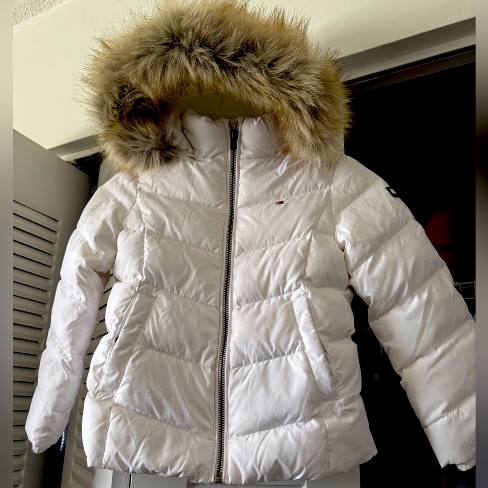 Tommy Hilfiger hooded down puffer jacket for kids.